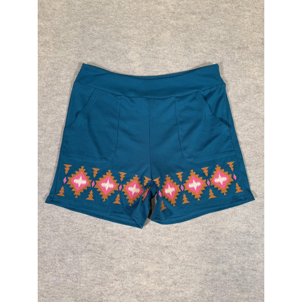 Two 2 Fly Shorts Womens Medium Blue Sweat Southwestern Knit Embroidered‎ Casual